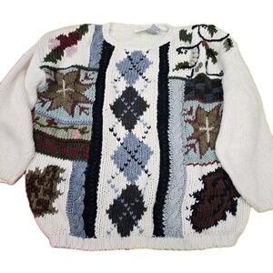 Vintage Needles & Yarn Sweater Women Large Ramie Chunky‎ Knit Floral Argyle 90s